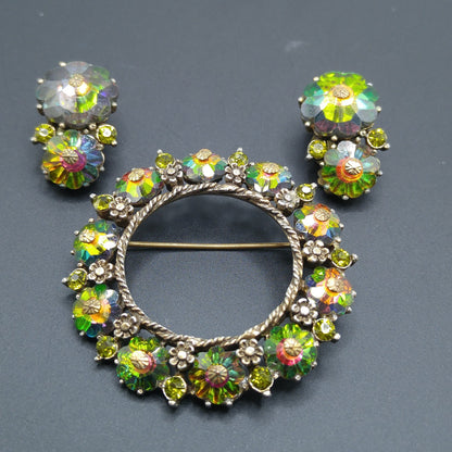 Weiss Margarita Rhinestone Wreath Brooch and Earrings Set – 1950s Vintage Jewelry