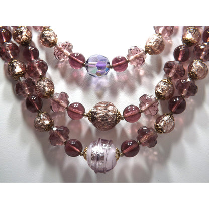 Art Glass Purple Gold Foil Beaded Necklace, Three Strands, 1960s Vintage Jewelry