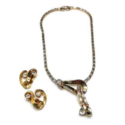 Mazer Rhinestone Choker Necklace & Earrings, Gold Plated, 1940s Vintage Jewelry