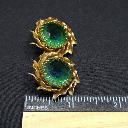 Mid-Century Green Rhinestone Two Flower Brooch, Gold Plated, 1950s Vintage Jewelry