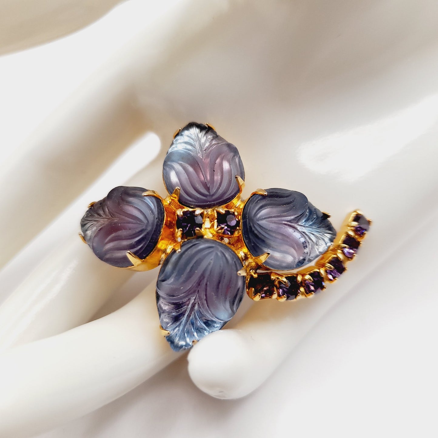 Vintage Purple Glass Leaf Brooch, Gold Plated Floral Pin, Amethyst Rhinestone Accents, 1950s Jewelry, Juliana Style Costume Brooch