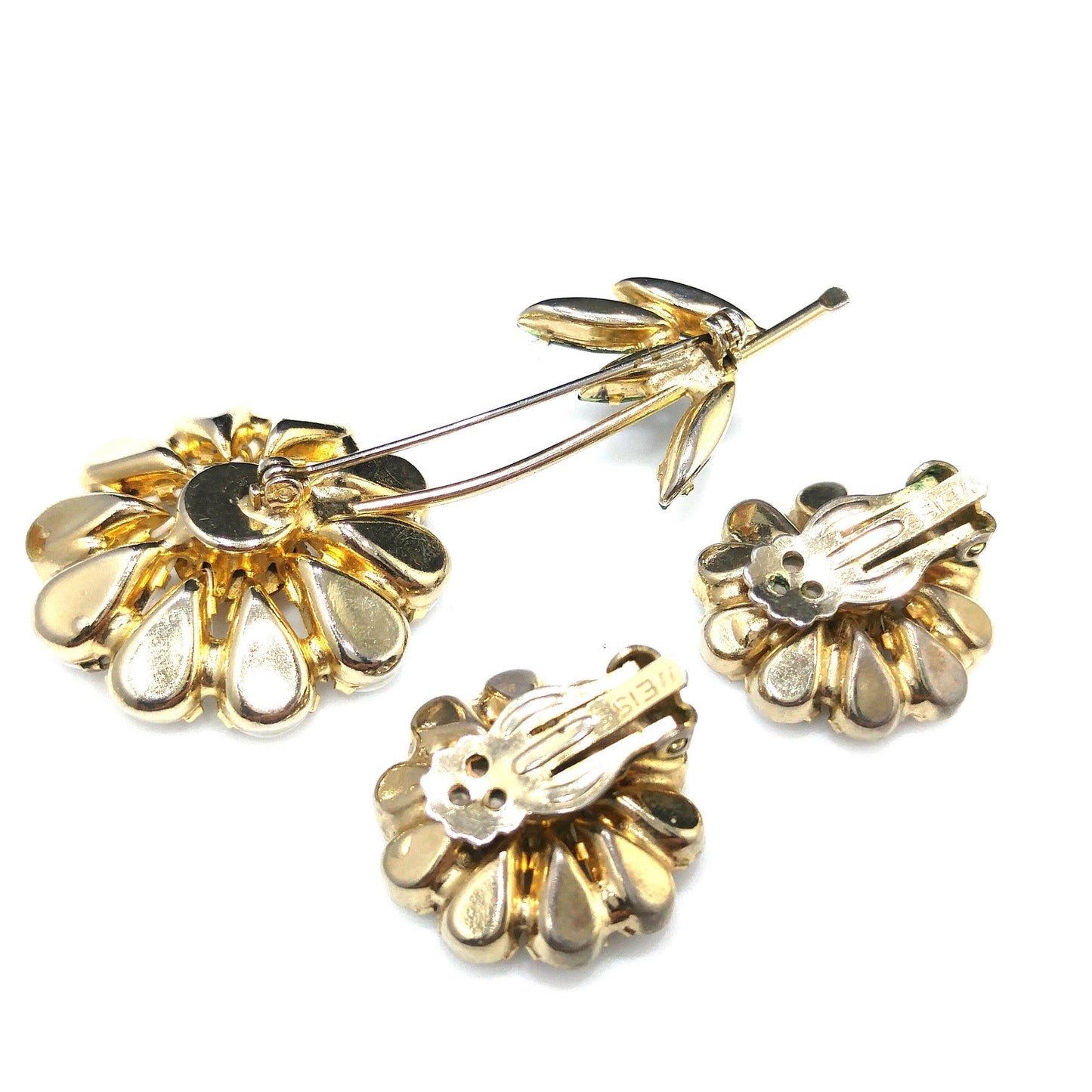 Vintage Weiss Flower Rhinestone Brooch & Earrings, Gold Plated, 1950s
