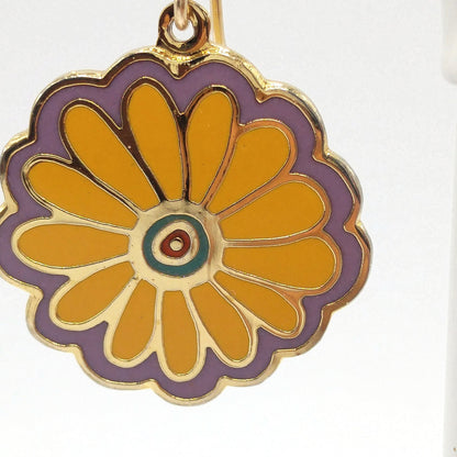 Laurel Burch "Flower Song" 1993 Flower Earrings, Gold Plated, Yellow Purple Enamel, 1990s Vintage Jewelry