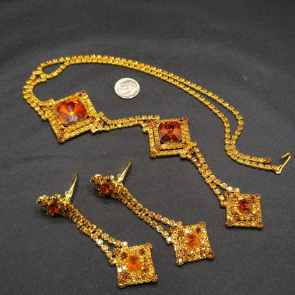 Topaz Glass Rhinestones Long Necklace Earrings, Rivoli Rhinestones, Gold Plated, 1960s Vintage Jewelry
