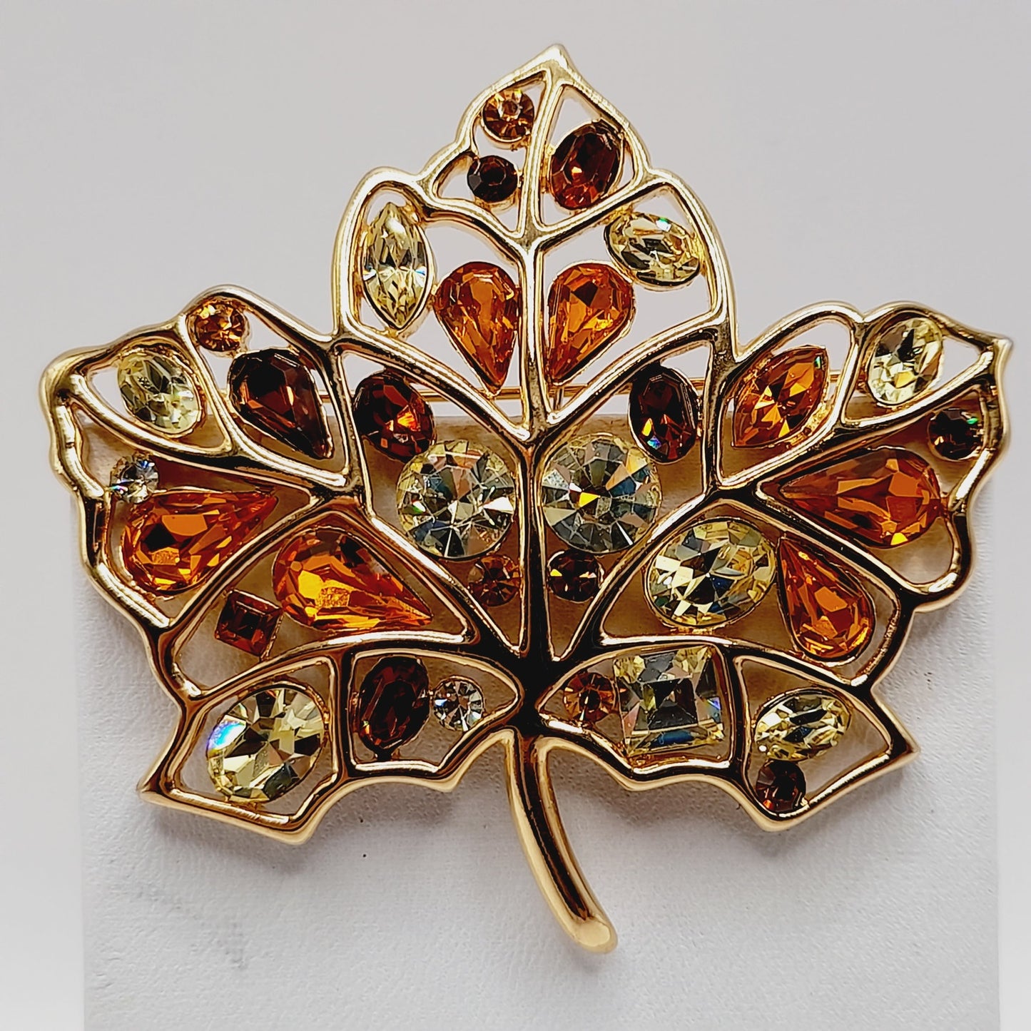 Vintage Nolan Miller Maple Leaf Brooch Gold Plated Rhinestone Glamour Collection 2 3/8"