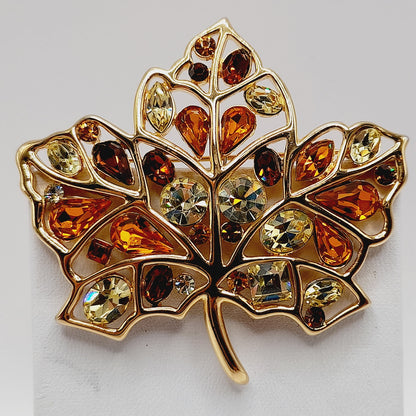 Vintage Nolan Miller Maple Leaf Brooch Gold Plated Rhinestone Glamour Collection 2 3/8"