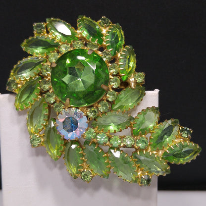 Peridot Green Floral Spray Brooch, Large Green Rhinestone, 1960s Vintage Jewelry