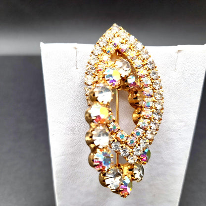 Mid-Century Aurora Borealis Pendant Brooch, Gold Plated, Prong Set Stones, 1960s Vintage Jewelry