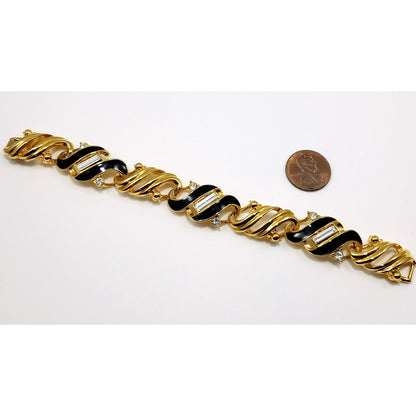 Vintage Crown Trifari Gold Plated Black Enamel Bracelet, Clear Rhinestones, 1960