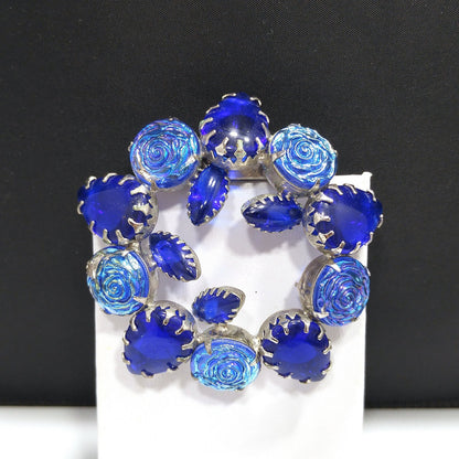 Cobalt Blue Iridescent Rose Wreath Brooch, Silver Tone, Prong Set Rhinestones, 1960s Vintage Jewelry