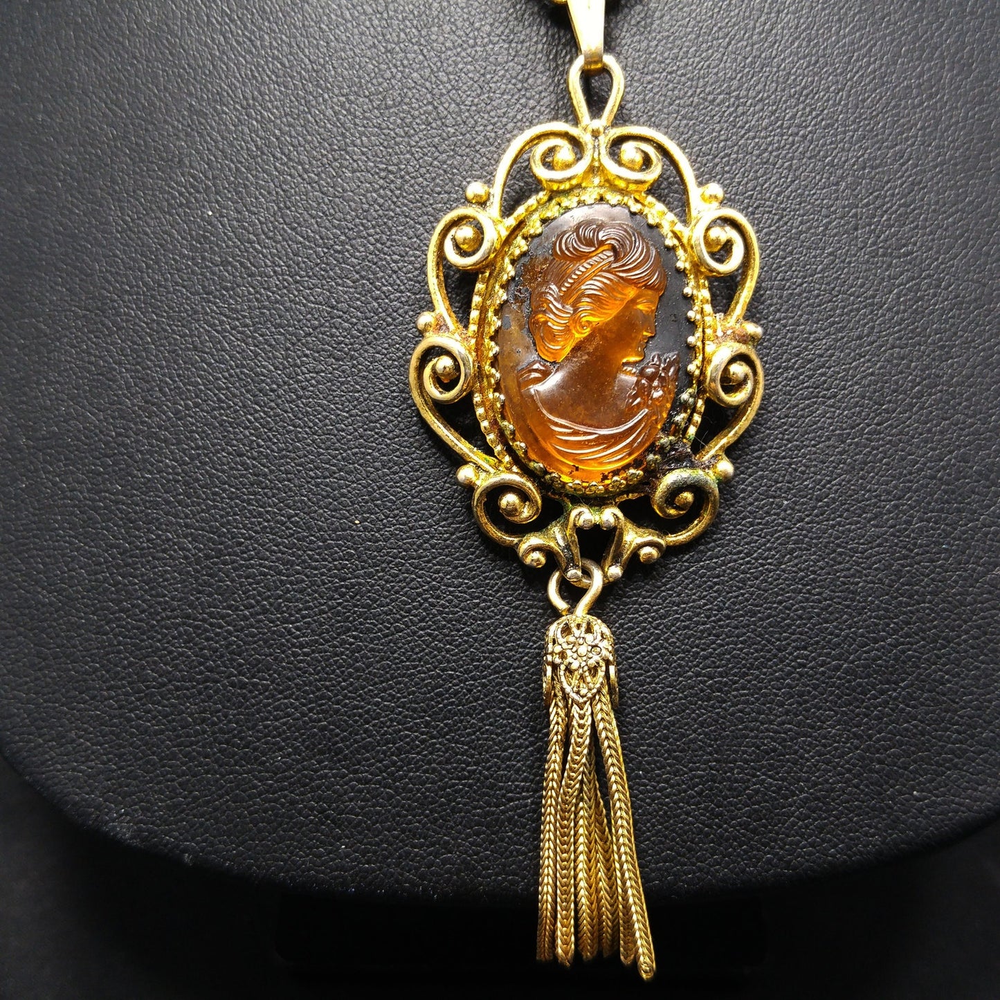 Whiting & Davis Topaz Cameo Necklace Earring Set, Book Piece, 1970s Vintage Jewelry