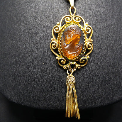 Whiting & Davis Topaz Cameo Necklace Earring Set, Book Piece, 1970s Vintage Jewelry