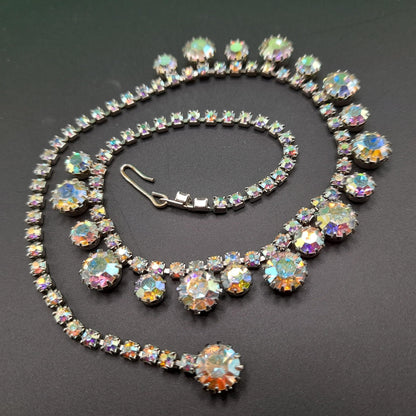 Aurora Borealis Rhinestone Choker Necklace, Rhodium Plated, 1960s Vintage Jewelry