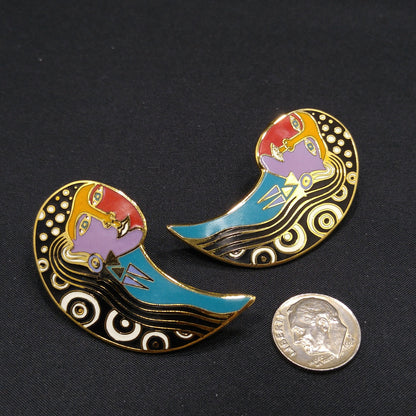 Vintage Laurel Burch "Gypsy Soul 1993" Post Earrings, Gold Plated, Enamel, 1990s