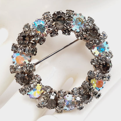 Vintage AB Rhinestone Circle Brooch Silver Tone Aurora Borealis Crystals – 1.5”