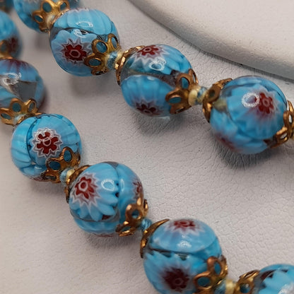 Vintage Murano Glass Floral Bead Necklace, 24 Inches, Hand-knotted, 1950s