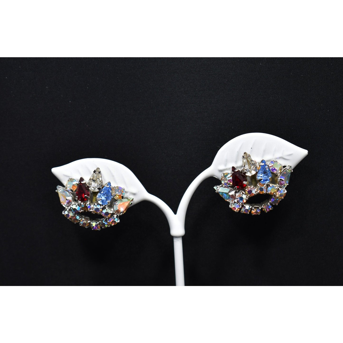 Rhinestone Crown Screw Back Earrings, Unsigned B. David, 1950s Vintage Jewelry