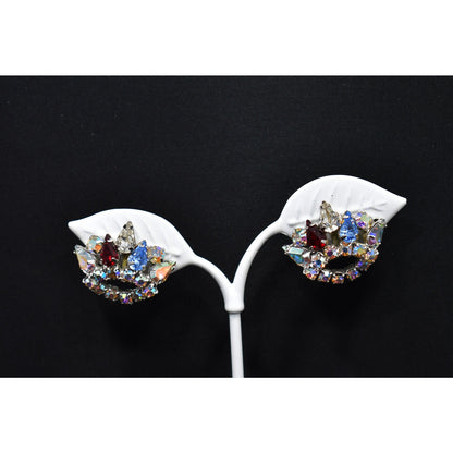 Rhinestone Crown Screw Back Earrings, Unsigned B. David, 1950s Vintage Jewelry