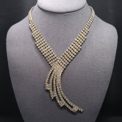 Vintage 1950s Rhinestone Statement Necklace – Five Strand Fringe Drop – Clear Crystal Bridal Jewelry