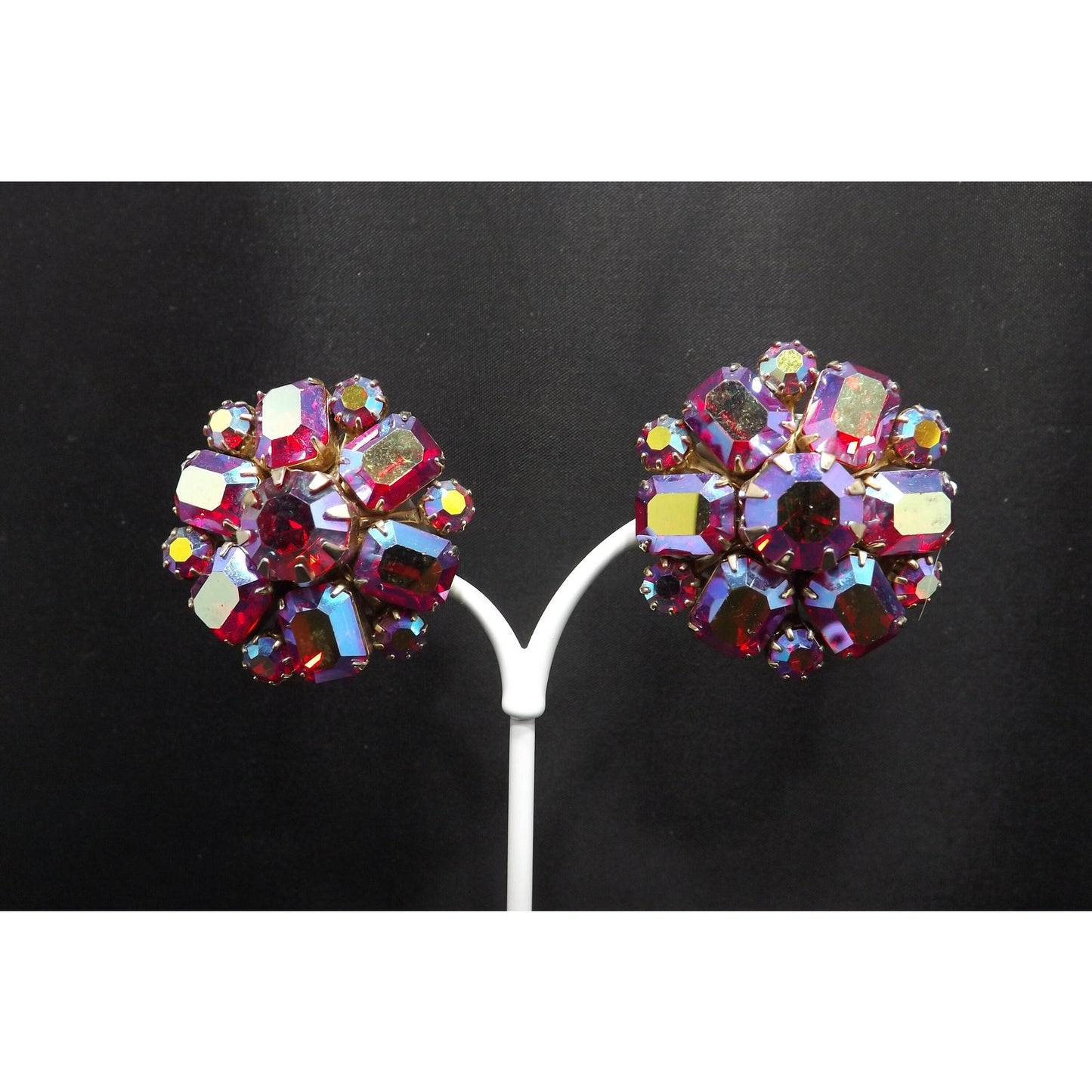 Weiss Red Aurora Borealis Floral Earrings, Gold Plated, 1950s Vintage Jewelry