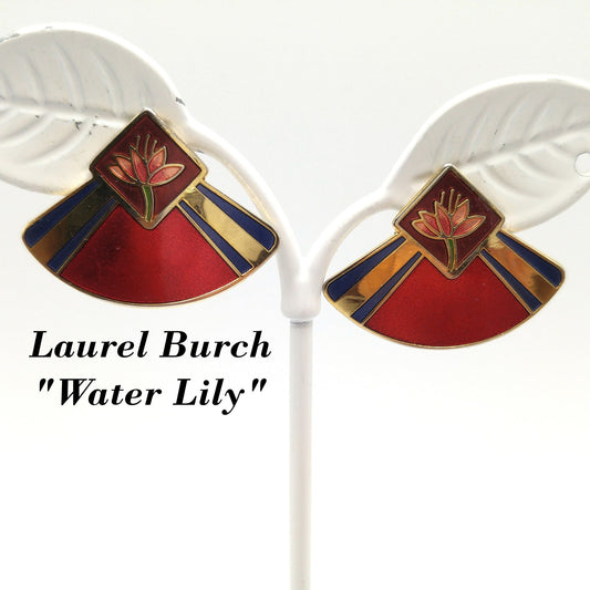 Vintage Laurel Burch "Water Lily" Post Earrings, Gold Plated, Enamel Red Purple
