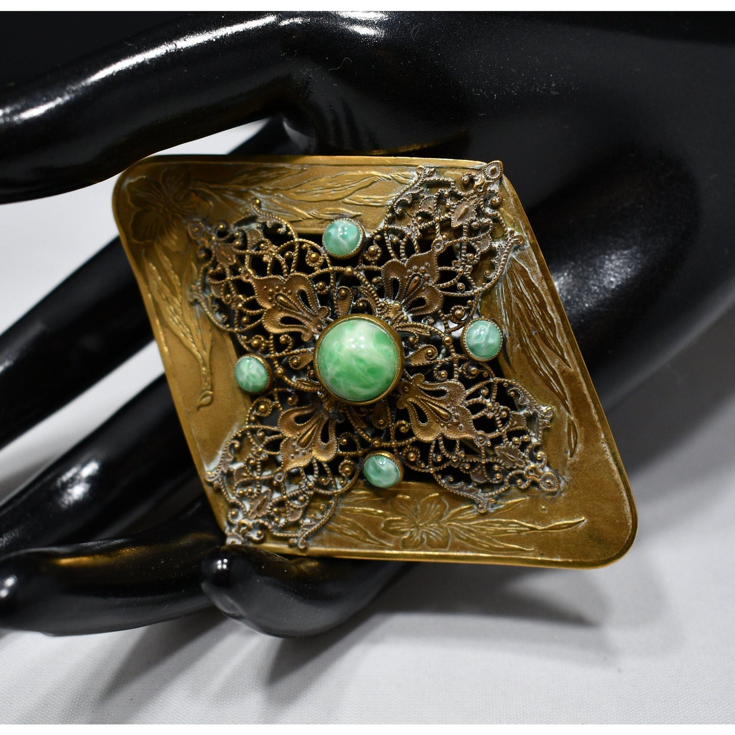 Vintage Brass Sash Pin, Green Marbled Cabochon, Early 1900s Vintage Jewelry