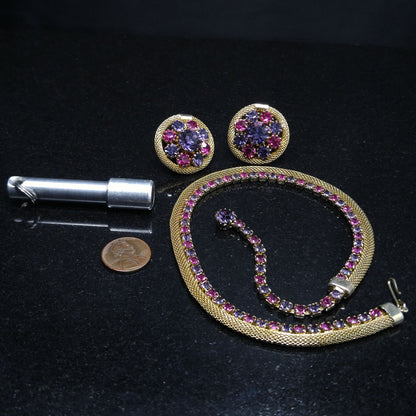 Vintage Weiss Mesh Necklace & Earrings Set, Purple Pink Rhinestones, 1950s