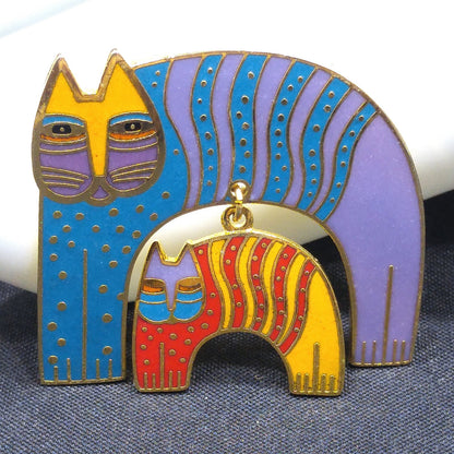Laurel Burch "Mr. Jio's Cat" Brooch with Dangling Cat Charm, Gold Plated, Cloisonne Enamel, 1980s Vintage Jewelry