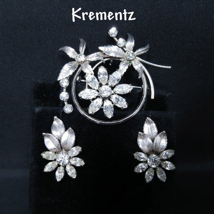 Krementz Silver Tone Clear Rhinestone Brooch, Rhodium Plated, Screw Back Earrings, 1940s