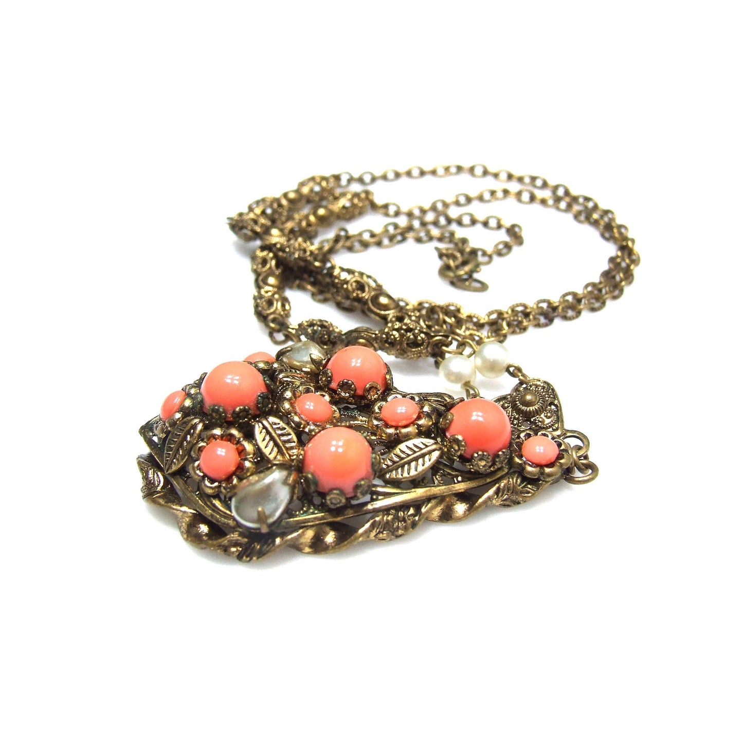 West Germany Orange Cabochon Glass Rhinestone Necklace, Faux Pearls, 1950s Vintage Jewelry