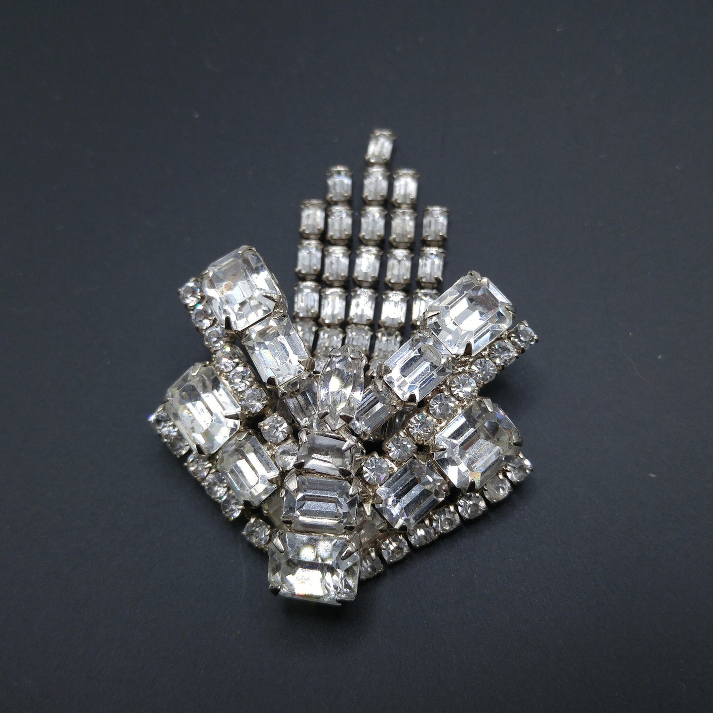 Unsigned Kramer Dragonfly Brooch, Clear Rhinestones, Rhodium Plated, 1960s Vintage Jewelry
