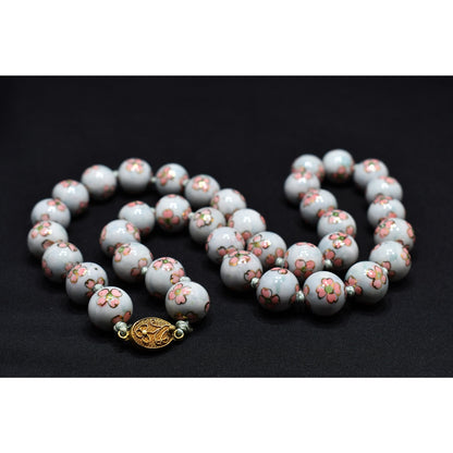 Vintage Chinese Hand Knotted Beaded Necklace, Hand Painted Pink Flowers