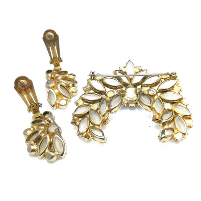 Frosty Rhinestone Brooch & Clip Earrings, Aurora Borealis, Gold Plated, 1960s Vintage Jewelry