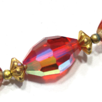 Red Aurora Borealis Beaded Necklace, Beaded Clasp, 1960s Vintage Jewelry