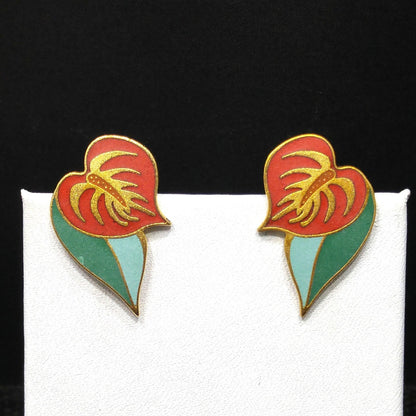 Vintage Laurel Burch "Anthurium" Post Earrings, Red Flower Enamel