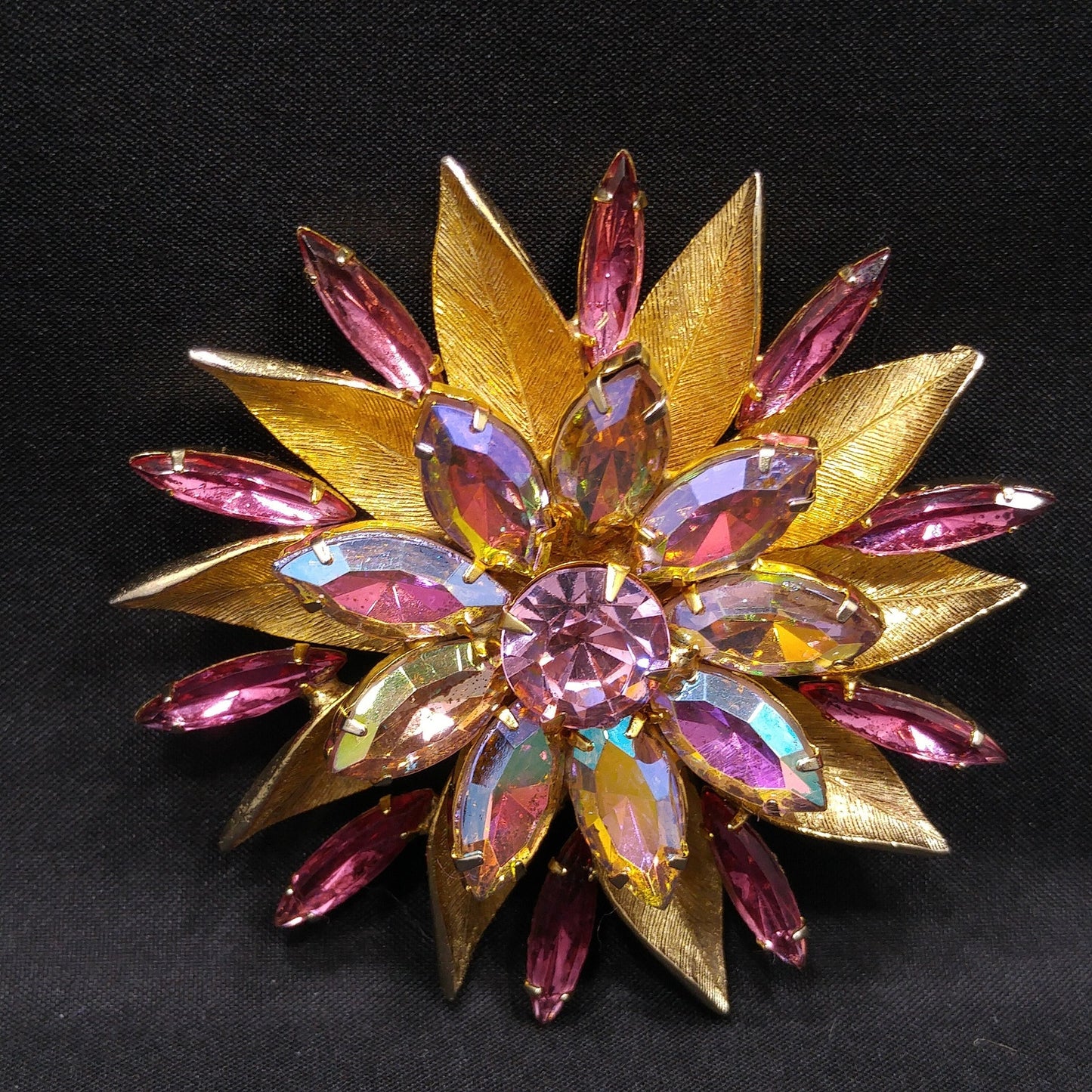 Pink Aurora Borealis Flower Brooch, Gold Plated, Light Dark Pink Rhinestones, 1960s Vintage Jewelry