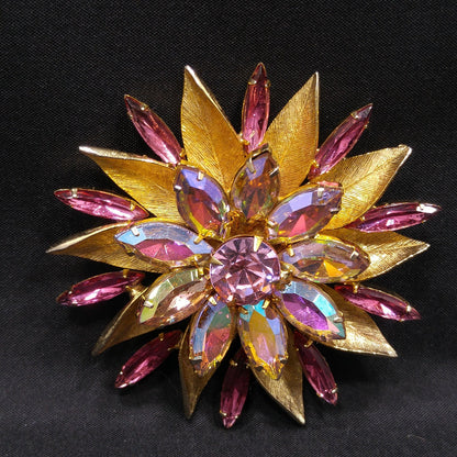 Pink Aurora Borealis Flower Brooch, Gold Plated, Light Dark Pink Rhinestones, 1960s Vintage Jewelry