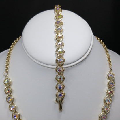 Aurora Borealis Rhinestone Necklace Bracelet & Earrings, Gold Plated, 1960s Vintage Jewelry