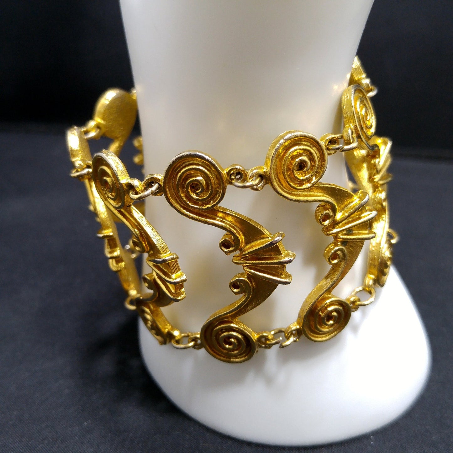 Vintage Vendome Wide Gold Plated Bracelet Swirl Design Hidden Clasp 1950s