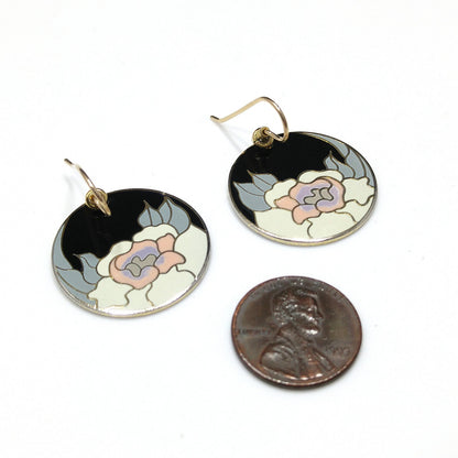 Vintage Laurel Burch "Garden Rose" Earrings, Gold Plated Cloisonné