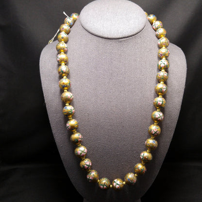 Vintage Chinese Beaded Necklace, Hand Painted & Knotted Floral Beads, 1940s Vintage Jewelry