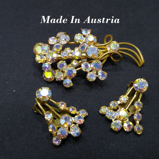 Austria Clear Brooch Clip Earrings, Aurora Borealis Floral, 1950s Vintage Jewelry