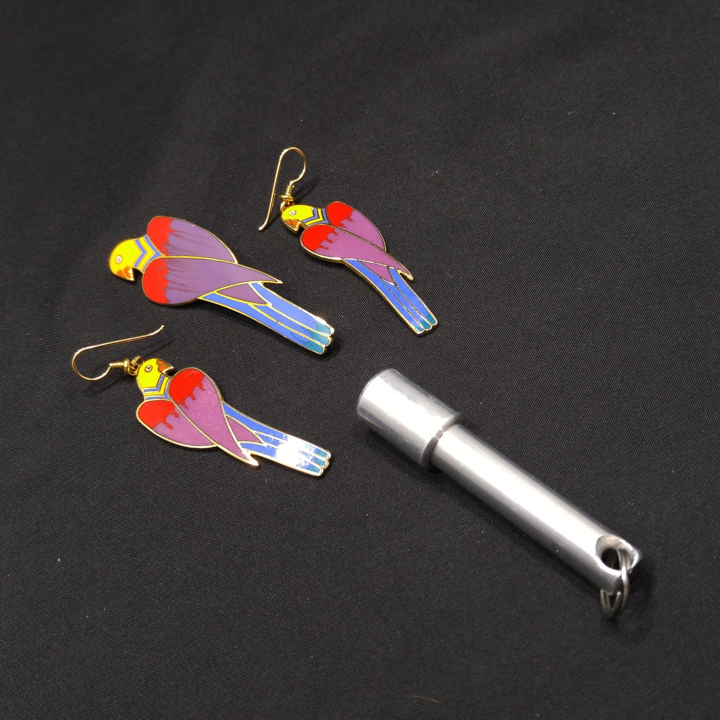 Laurel Burch Cezanne Parrot Earrings & Brooch Set, 22 KG Plated Cloisonne Enamel, 1980s