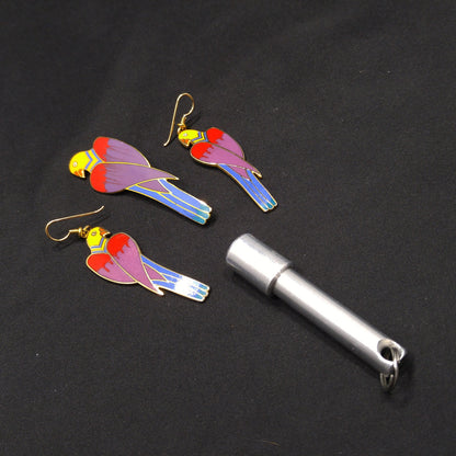 Laurel Burch Cezanne Parrot Earrings & Brooch Set, 22 KG Plated Cloisonne Enamel, 1980s