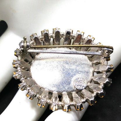 West Germany Faux Moonstone Brooch, Clear Baguettes, 1950s Vintage Jewelry