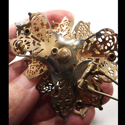 BARCLAY Fur Clip & Brooch, Gold Plated Filigree, Rhinestones, 1940s Vintage Jewelry