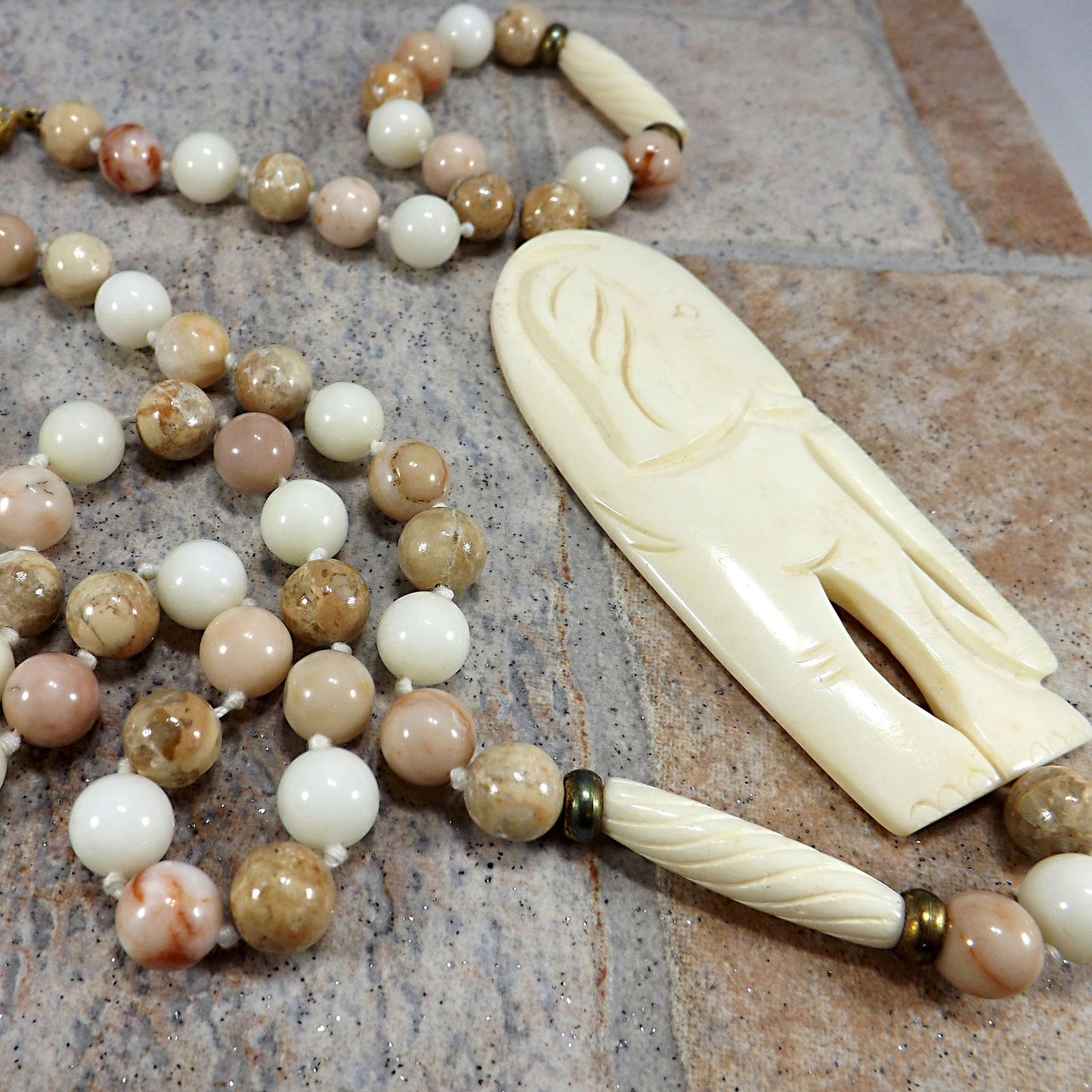 1950s Elephant Pendant Gemstone Beaded Necklace Hand Knotted 32” Vintage Jewelry