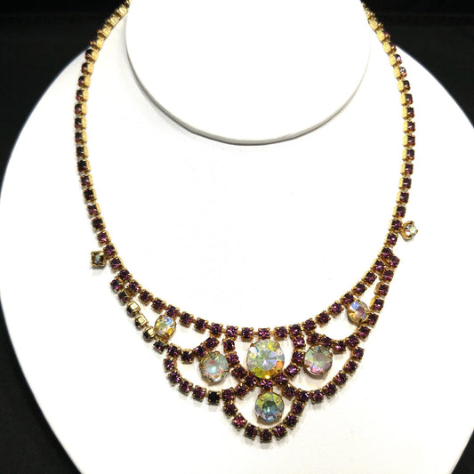 Vintage Purple AB Clear Rhinestone Choker Necklace, Gold Plated, Aurora Borealis, 1960s Vintage Jewelry