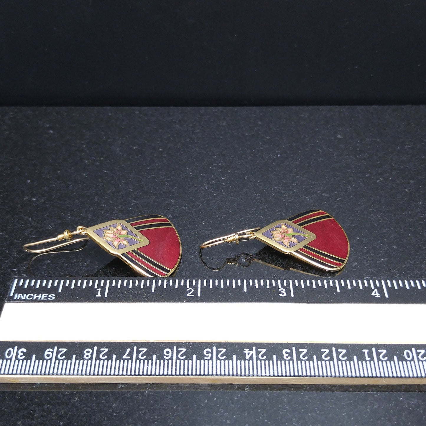 Vintage Laurel Burch "Water Lily" Earrings, Gold Plated, Red Enamel