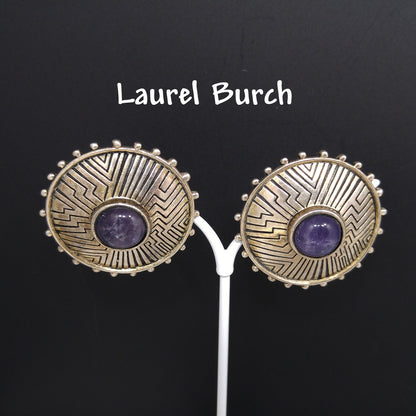 Laurel Burch Amethyst Clip Earrings, Purple Gemstone, Gold Plated, 1980s